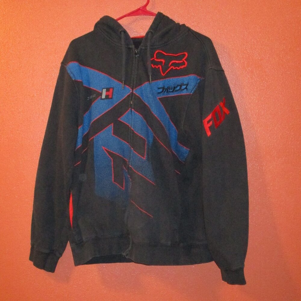 FOX Head Men Large Black Red Blue Full Zip Pockets Long Sleeve Hooded Jacket